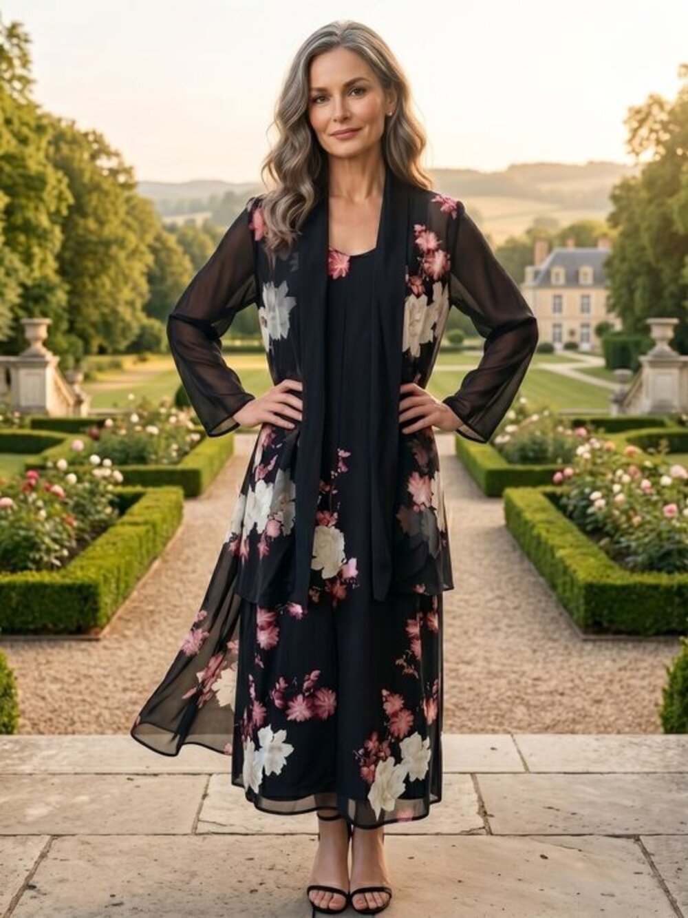 Harari 2 pc silk Floral Black Kimono Duster and dress with Pink & White Blooms